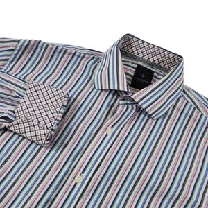 Tailorbyrd Mens Large Pink Blue White Colorful Striped Flip Cuff Button Up Shirt